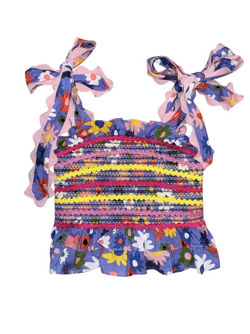 CeliaB Maia Floral Smocked Ric Rac Tie Strap Sleeveless Top Blue XS